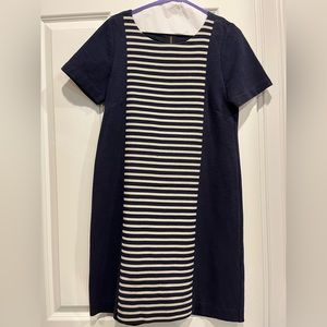 J.CREW cotton dress navy blue with blue and white stripe detail in the front.